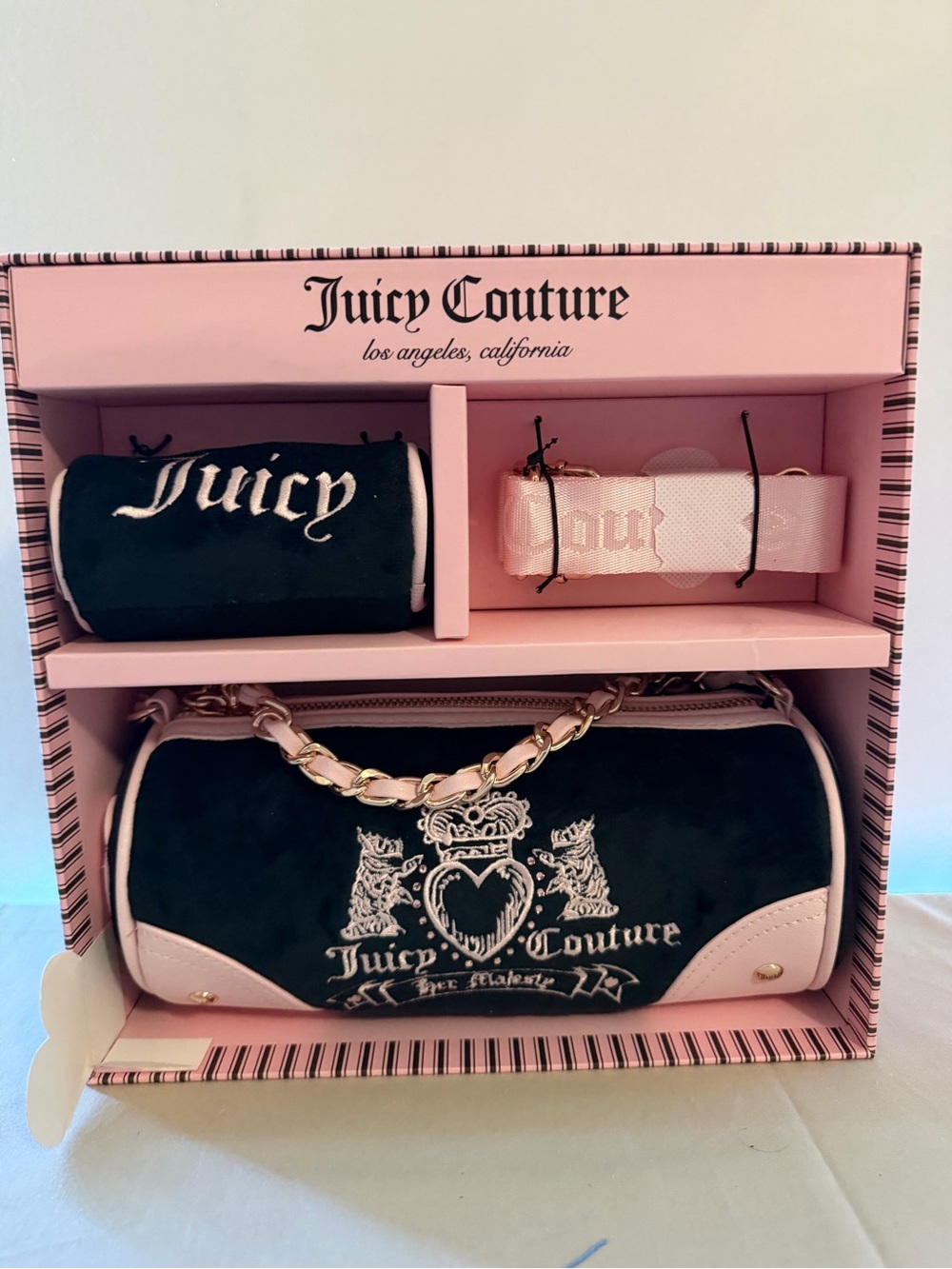 Juicy Couture Black & Pink Velvet Barrel Bag with Gold Chain